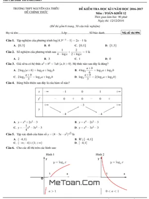 Đề thi HK1 Toán 12 năm học 2016 - 2017 trường Nguyễn Gia Thiều - Hà Nội