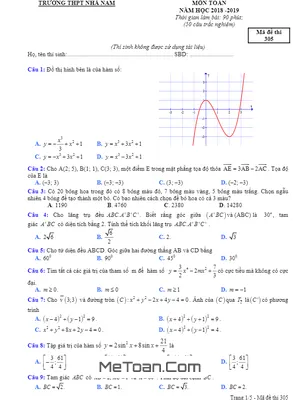 Đề thi khảo sát chất lượng Toán 12 lần 1 năm 2018 - 2019 trường Nhã Nam - Bắc Giang