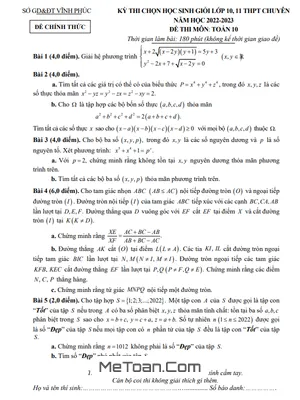 Đề thi học sinh giỏi Toán 10 chuyên năm 2022 - 2023 Sở GD&ĐT Vĩnh Phúc