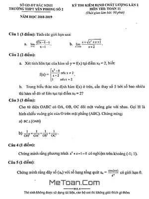 Đề thi giữa kì 2 Toán 11 năm 2018 - 2019 trường Yên Phong 2 - Bắc Ninh