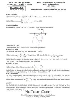 Đề thi HSG Toán 12 năm 2021 - 2022 trường Chuyên Vị Thanh - Hậu Giang (có đáp án)