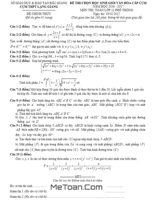 Đề Thi HSG Văn Hóa Cấp Cụm Môn Toán 12 Năm 2016 - 2017 - Cụm THPT Lạng Giang - Bắc Giang (Có Lời Giải)