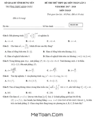 Đề thi thử THPTQG 2018 môn Toán trường THPT Minh Châu – Hưng Yên lần 2