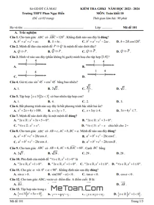 Đề Thi Giữa HK1 Toán 10 Năm 2023 - 2024 Trường THPT Phan Ngọc Hiển - Cà Mau