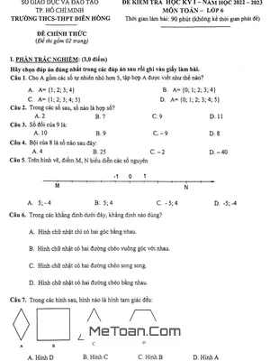 Đề Thi Học Kỳ 1 Toán Lớp 6 Năm 2022 - 2023 Trường THCS - THPT Diên Hồng - TP HCM