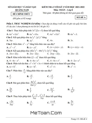 Đề thi học kì 1 Toán 8 năm 2021 - 2022 sở GD&ĐT Quảng Nam