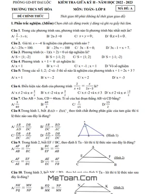 Đề Thi Giữa Kỳ 2 Toán 8 Năm 2022 - 2023 Trường THCS Mỹ Hòa - Quảng Nam