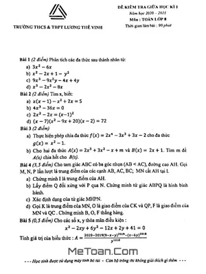 Đề thi giữa kì 1 Toán 8 năm 2020 - 2021 trường Lương Thế Vinh - Hà Nội