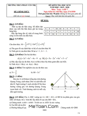 Đề kiểm tra học kì 2 Toán lớp 7 năm 2019 - 2020 trường THCS Phan Văn Trị - TP HCM