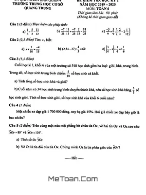 Đề thi HK2 Toán lớp 6 năm học 2019 - 2020 trường THCS Quang Trung - TP HCM