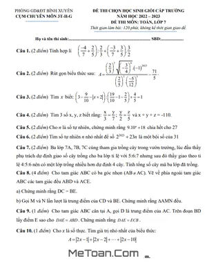Đề HSG Toán 7 năm 2022 - 2023 cụm chuyên môn 3T-H-G Bình Xuyên - Vĩnh Phúc