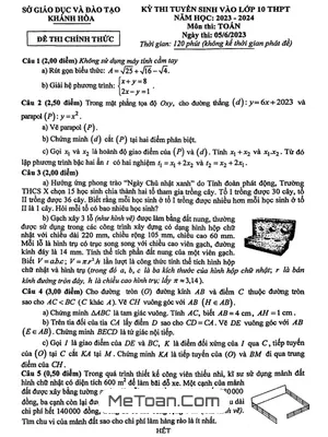 Đề thi tuyển sinh lớp 10 môn Toán năm 2023 - 2024 sở GD&ĐT Khánh Hòa