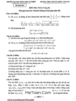 Đề Tuyển Sinh Lớp 10 Môn Toán (Vòng 2) Năm 2022 Trường THPT Chuyên KHTN – Hà Nội