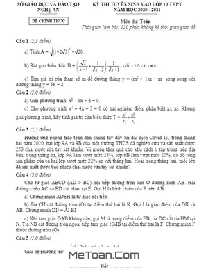 Đề thi tuyển sinh lớp 10 môn Toán năm học 2020 - 2021 Sở GD&ĐT Nghệ An