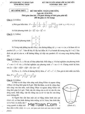 Đề thi tuyển sinh lớp 10 môn Toán chuyên năm 2016-2017 Sở GD&ĐT Đồng Tháp