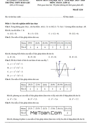 Đề thi học kỳ 1 Toán 12 năm học 2025 - 2026 trường THPT Bảo Lộc – Lâm Đồng