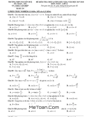 Đề kiểm tra chất lượng đầu năm Toán 11 năm 2017-2018 - THPT Nguyễn Huệ, Ninh Bình
