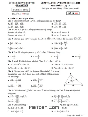 Đề thi học kỳ 1 Toán 10 năm 2021 - 2022 sở GD&ĐT Quảng Nam (có đáp án)