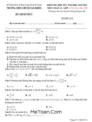 Đề thi HK1 Toán 12 năm 2019 – 2020 trường chuyên Lê Khiết – Quảng Ngãi