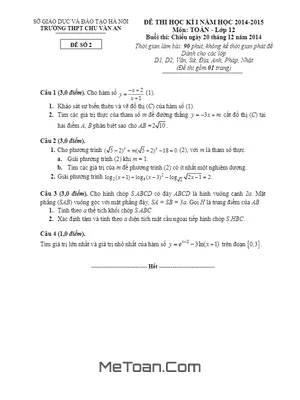 Đề thi HK1 lớp 12 môn Toán ban cơ bản trường Chu Văn An – Hà Nội năm học 2014 - 2015