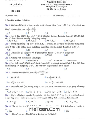 Đề Thi Giữa Kỳ 1 Toán 11 Năm 2021-2022 Trường Chuyên Lê Quý Đôn - Khánh Hòa