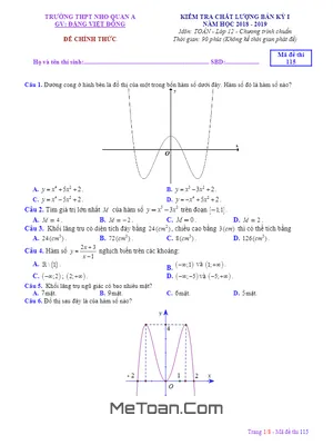 Đề thi Toán 12 bán kỳ 1 năm 2018-2019 trường THPT Nho Quan A - Ninh Bình (có đáp án)