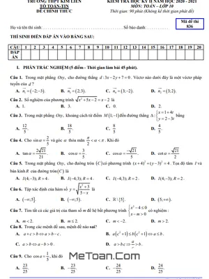 Đề thi học kỳ 2 môn Toán lớp 10 năm 2020 - 2021 trường THPT Kim Liên - Hà Nội