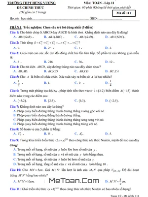 Đề thi học kỳ 1 Toán 11 năm 2022 - 2023 trường THPT Hùng Vương - Quảng Nam