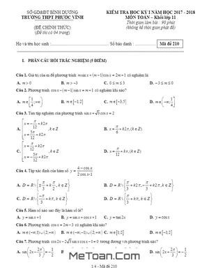 Đề thi học kì 1 Toán 11 năm 2017 - 2018 trường THPT Phước Vĩnh - Bình Dương (có lời giải)