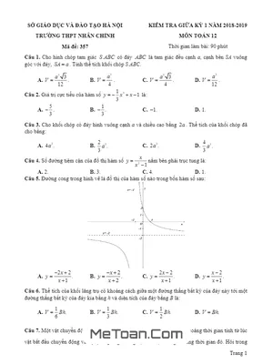 Đề thi giữa kì 1 Toán 12 năm 2018-2019 trường THPT Nhân Chính - Hà Nội (có lời giải)