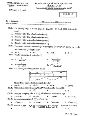 Đề thi học kỳ 2 Toán 12 năm 2019 - 2020 trường THPT chuyên Thái Nguyên mã đề 103