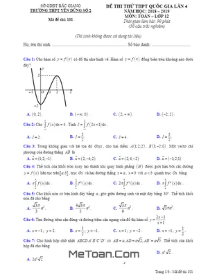 Đề thi thử Toán THPT Quốc gia 2019 trường Yên Dũng 2 – Bắc Giang lần 4