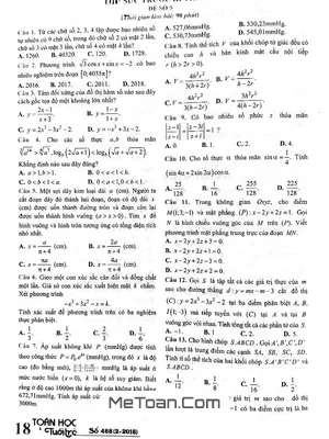 Đề thi thử Toán THPT Quốc gia 2018 - Tạp chí Toán Học Tuổi Trẻ lần 5