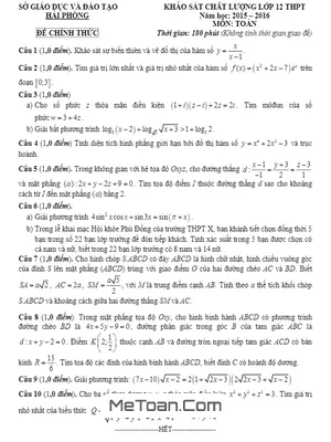 Đề thi thử THPT Quốc gia 2016 môn Toán Sở GD&ĐT Hải Phòng