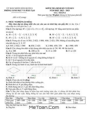 Đề thi học kì 1 Toán lớp 6 năm 2022 - 2023 phòng GD&ĐT Quận 6 - TP.HCM