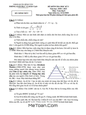 Đề kiểm tra HK1 Toán 8 năm 2020 – 2021 phòng GD&ĐT Bình Tân – TP HCM