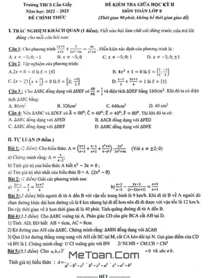 Đề thi giữa học kỳ 2 môn Toán lớp 8 năm 2022-2023 trường THCS Cầu Giấy - Hà Nội