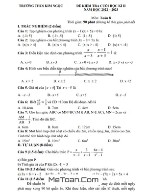 Đề thi học kì 2 Toán 8 năm 2022 - 2023 trường THCS Kim Ngọc - Vĩnh Phúc (có đáp án)