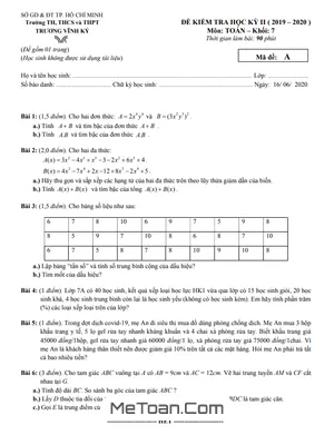 Đề kiểm tra học kỳ 2 Toán lớp 7 năm 2019 - 2020 trường THCS Trương Vĩnh Ký - TP.HCM