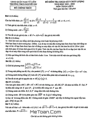 Đề khảo sát Toán 9 năm 2021 - 2022 trường THCS Nguyễn Du - Hà Nội