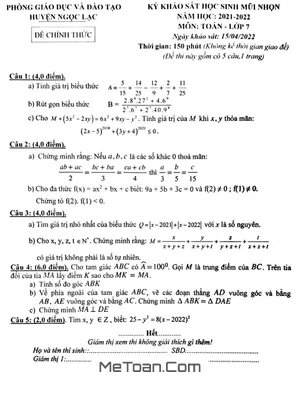 Đề KSCL Học Sinh Mũi Nhọn Toán 7 Năm 2021 - 2022 Phòng GD&ĐT Ngọc Lặc - Thanh Hóa