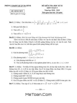 Đề thi học kỳ 2 Toán 9 năm 2018 - 2019 phòng GD&ĐT Ba Đình - Hà Nội