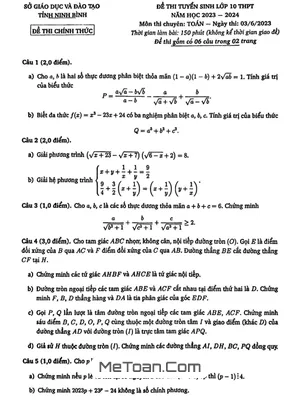 Đề Tuyển Sinh Lớp 10 Môn Toán (Chuyên) Năm 2023 - 2024 Sở GD&ĐT Ninh Bình
