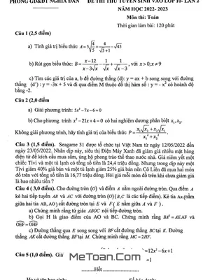 Đề thi thử Toán vào lớp 10 lần 2 năm 2022 – 2023 phòng GD&ĐT Nghĩa Đàn – Nghệ An