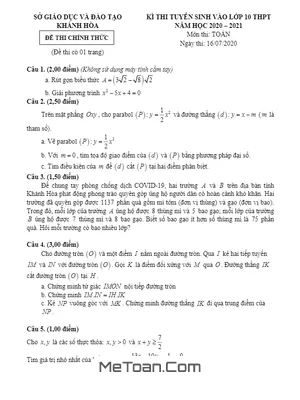 Đề thi tuyển sinh lớp 10 môn Toán năm 2020 - 2021 Sở GD&ĐT Khánh Hòa