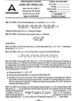 Đề khảo sát năng lực Toán 9 NC năm 2024 - 2025 trường Archimedes School - Hà Nội