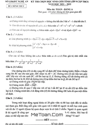 Đề thi học sinh giỏi cấp tỉnh Toán 9 năm 2021 - 2022 sở GD&ĐT Nghệ An