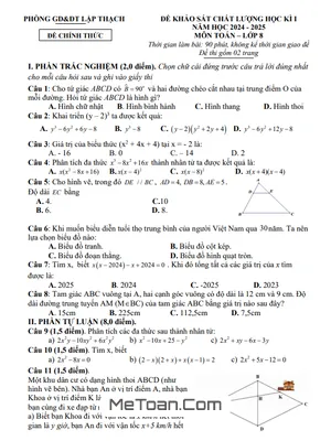Đề thi học kì 1 Toán 8 năm 2024 - 2025 phòng GD&ĐT Lập Thạch, Vĩnh Phúc