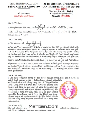 Đề thi chọn học sinh giỏi Toán 9 năm 2024 - 2025 phòng GD&ĐT Cao Lãnh - Đồng Tháp