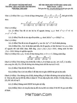 Đề chọn đội tuyển HSG Toán 9 năm 2025 – 2026 trường THCS Nguyễn Tri Phương – Huế